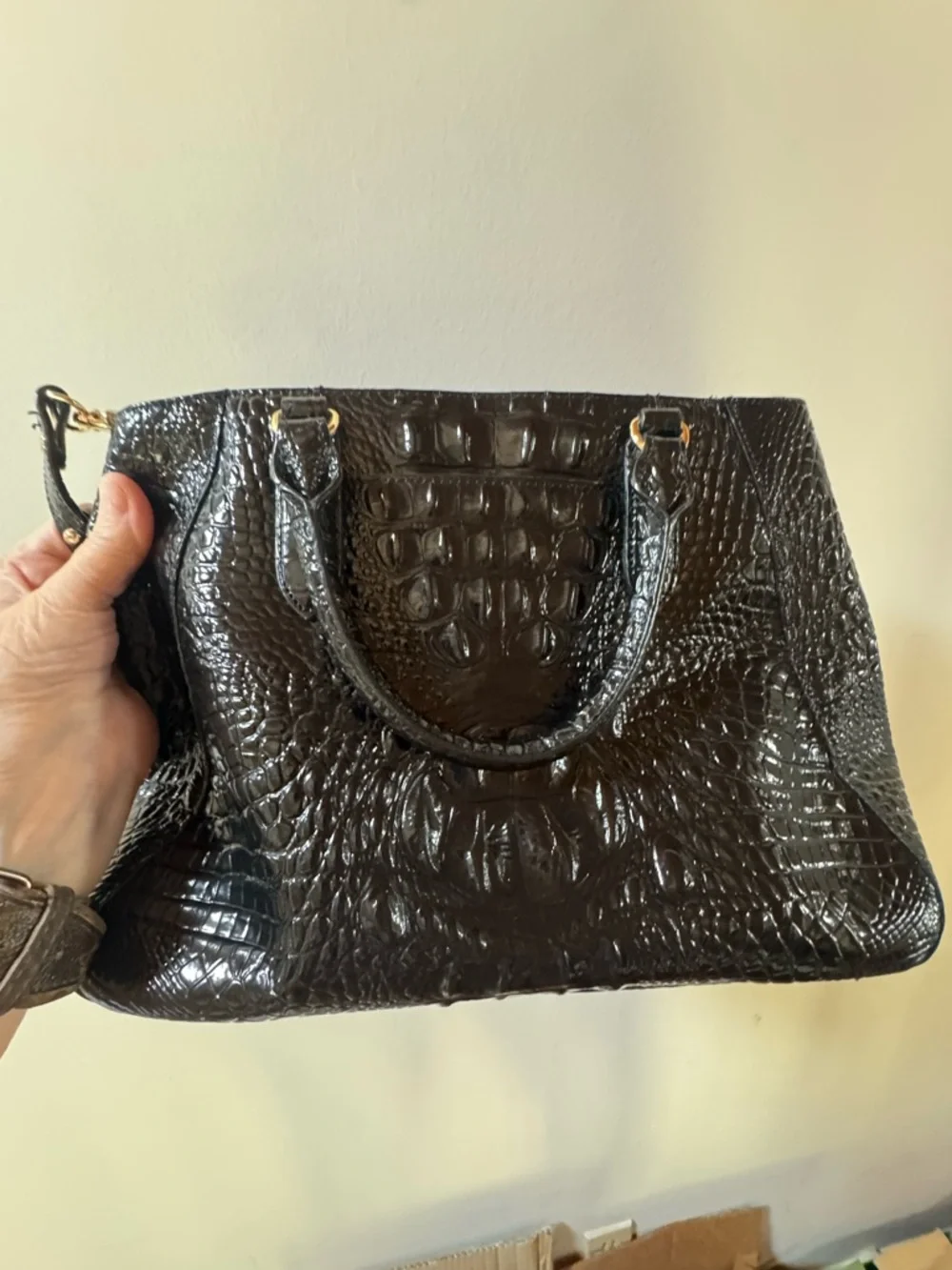 Brahmin Black Croc-Embossed Patent Leather Melbourne Satchel with Gold Accent - Picture 6 of 7